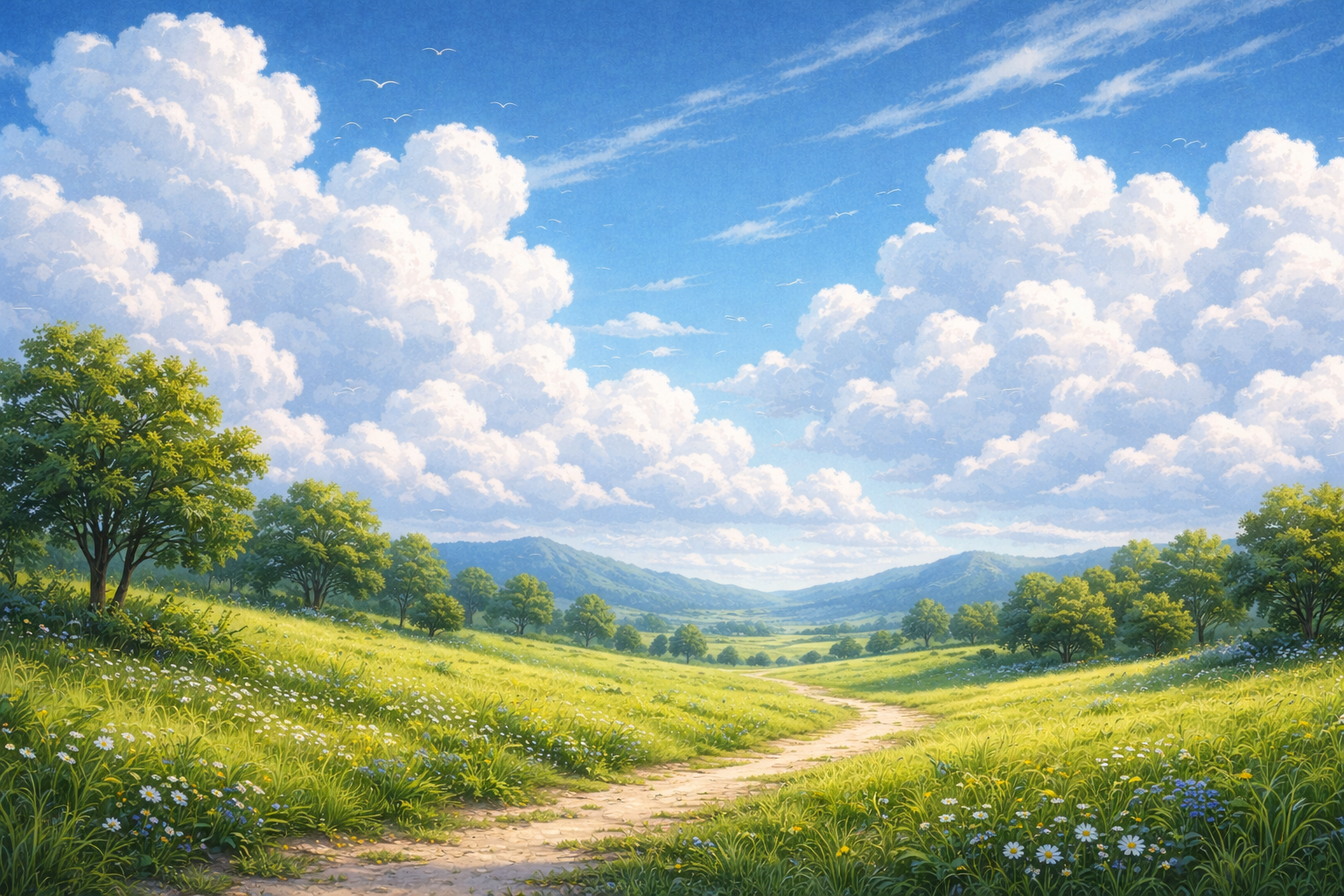 Serene landscape with path through meadows